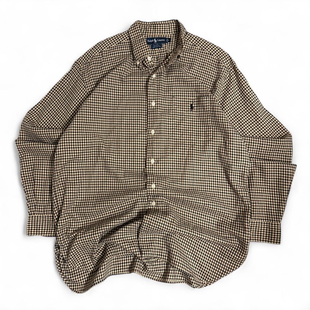 Ralph Lauren Men L Button Down MCMEEL Brown Plaid Gingham Pattern College Preppy